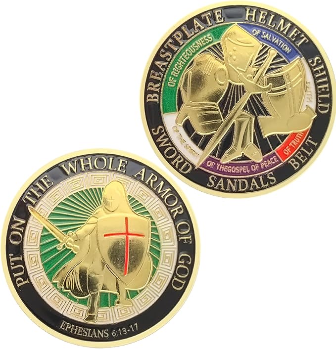 Armor of God Coin Challenge Coin Round Commemorative Coins Put on The Whole Armor of God Souvenir Prayer Metal Christian Coin for Military Church Party Collectors (Edition A - 3 Pcs)