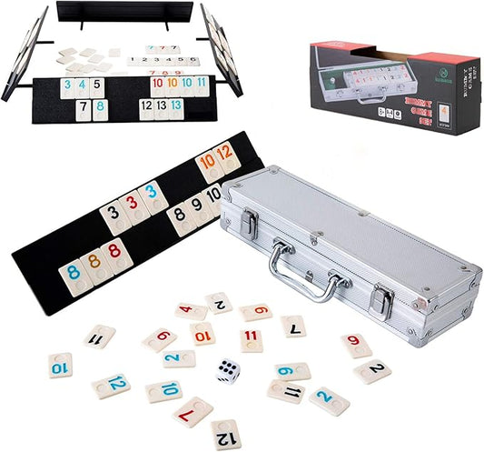 106 Tiles Rummy Game - Travel Games Rummy Board Game Rummy Set with Aluminum Case & 4 Anti-Skid Durable Trays