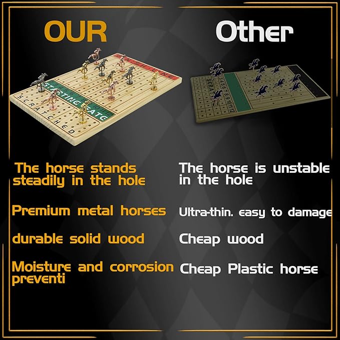 Horse Race Board Game Racing Game Thickened Solid Wood with 11 Luxurious Durable Classic Metal Horses with 2 Dice and 2 Boxes of Cards Horse Racing Game (Log Color, Rectangle)