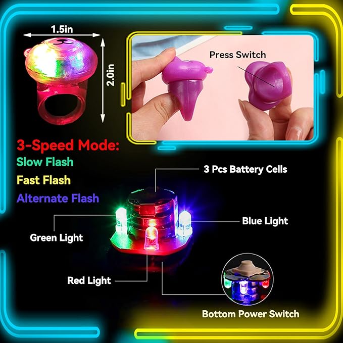 Wakestar - 24 Pack LED Light Up Bumpy Rings Party Favors For Kids Prizes Box Toys For Birthday Classroom Rewards Treasure Box Prizes Toys Glow Party Supplies