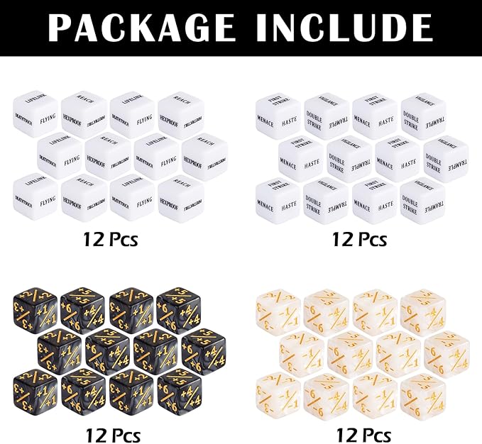 48 Pieces Abilities Keywords Counter Dice Plus One MTG Dice Counters Creature Stats Buff Tokens Dice Set for Magic The Gathering, MTG, TCG, Card Games Accessories