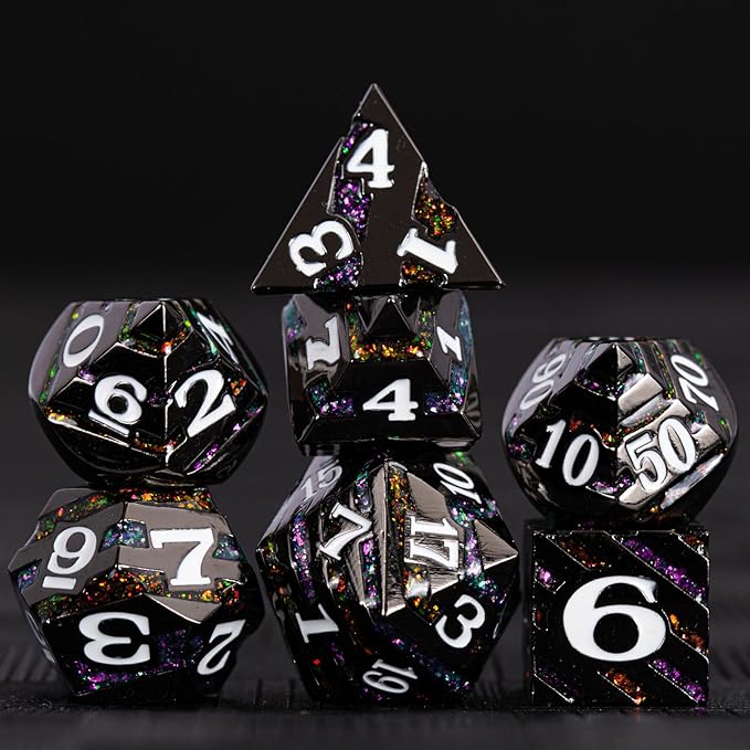 Metal Dice Set DND,Metallic Glitter Stripes D&D Dice Set,7 PCS Polyhedral Dice Set with Gift Case for Dungeons and Dragons Tabletop Game(Black Nickel Bicolor)