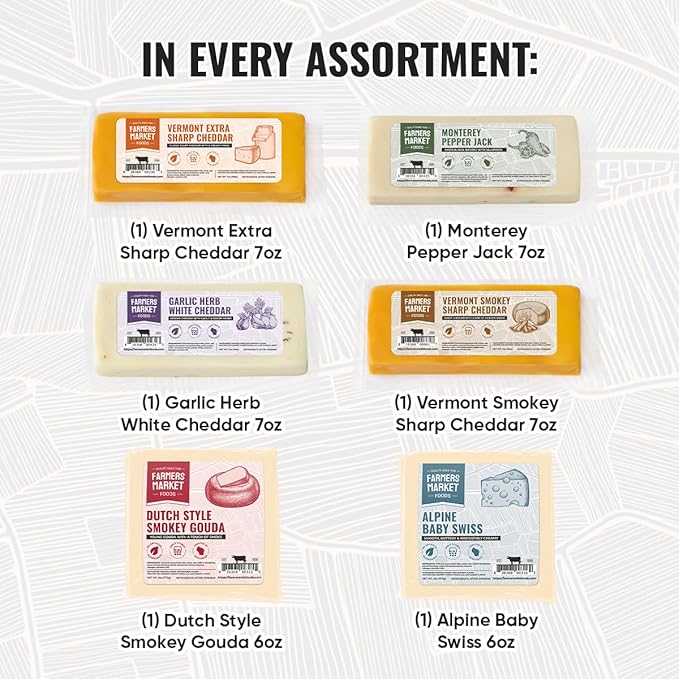 Farmers' Market Cheese Block Assortment 6oz & 7oz 6-Pack, Shelf Stable, Pasteurized, Locally Sourced Wisconsin Cheese (Assortment, 6 Count)