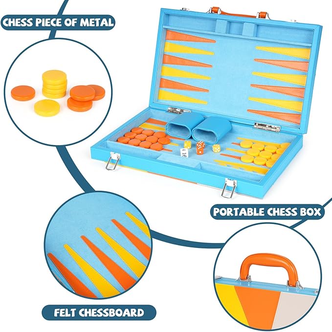 Backgammon Set, 15 Inches Classic Board Game with Leather Case, Geometric Leather Backgammon Game, Folding Portable Travel Strategy Backgammon Game Set for Adults