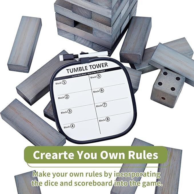 ApudArmis 54 PCS Tumble Timber Set Stack to 3FT, Pine Wooden Tumble Tower Game with Dice and Scoreboard Set - Classic Block Stacking Board Game for Teens Children Teenagers (Gray)