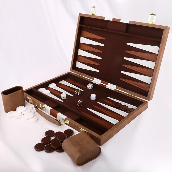Backgammon Set - Classic Board Game with Premium Leather Case - Portable Travel Strategy Backgammon Game Set for Adults, Kids (15inch, Khaki)