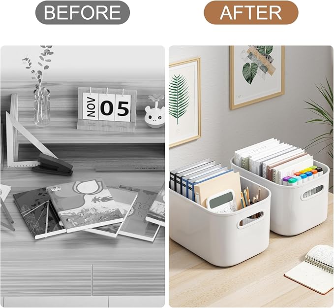 6 Pack White Storage Bins with Lids Stackable Storage Container for Organizing, Storage Boxes with Handle for Shelves, Cute Organizer Bins for Craft, Snacks, 9.85x6.9x5.7 inch