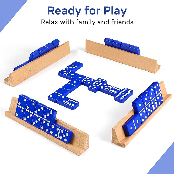 Dominoes Set for Adults with 4 Wooden Racks/Trays, Double Six Travel Portable Case 6 Tiles Holders, 28 Dominos Family Board Games - Blue
