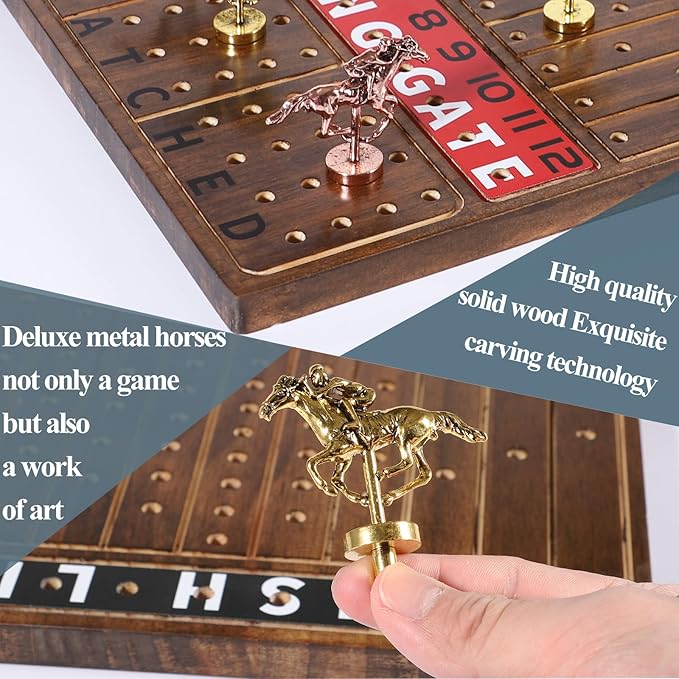 Horse Race Board Game with 11 Luxurious Durable Classic Metal Horses with 4 Dice and 2 Boxes of CardsThickened Solid Wood Horse Racing Dice Game (Rustic Brown)