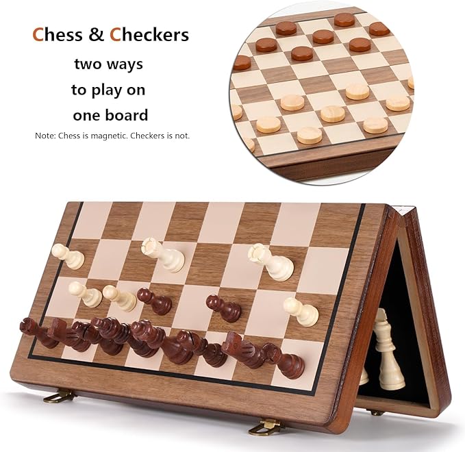Chess Set 15'' Chess Board Wooden Magnetic Folding Chess Board Set for Adults & Kids Checkers Game for Kids Portable Travel Chess Game for Beginner 2 Extra Queens (Walnut Color)