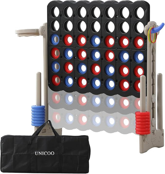 UNICOO® Height Adjustable Jumbo 4-to-Score Game, 4 in A Row Game with Basketball Hoop, Ring Toss, Carrying Bag, Indoor Outdoor Yard Game, Parties & Family Gatherings