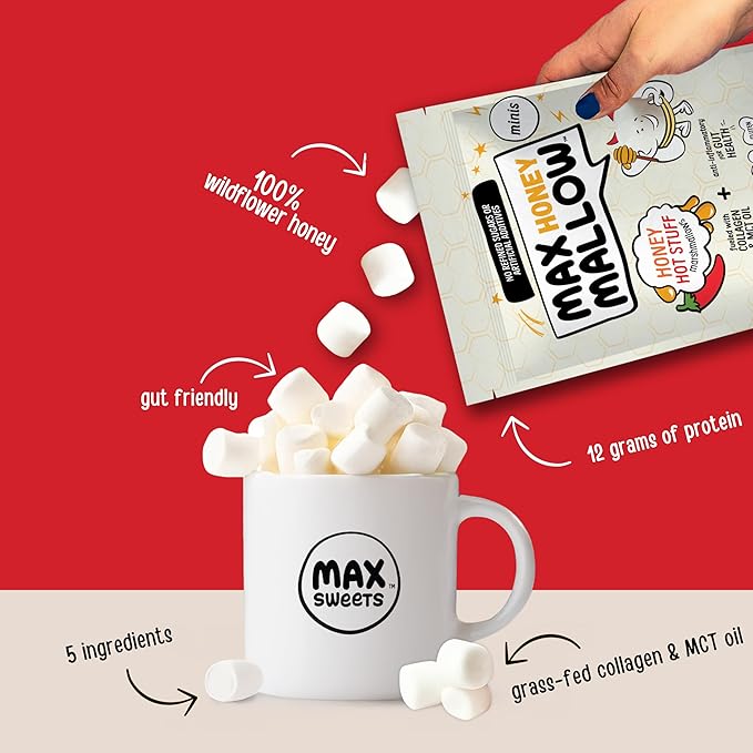 Max Mallow Hot Stuff Mini HONEY Marshmallows – Gut Friendly, Gluten Free, No Refined Sugars, Real Wildflower Honey, Collagen-Infused Snack (3 Pack, Honey Hot Stuff)