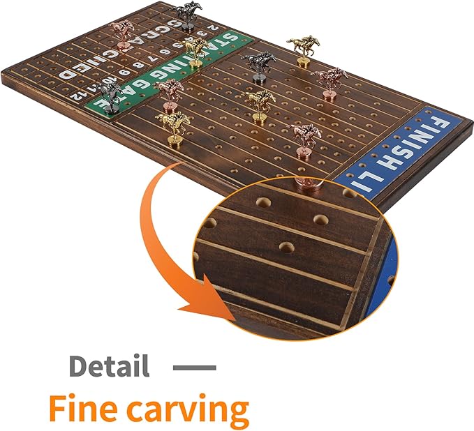 Large 21 inches Horse Racing Board Game Thickened Solid Wood with 11 Luxurious Durable Classic Metal Horses Including Dice and Cards Finish LINE Race Game Set (Large, Burning)