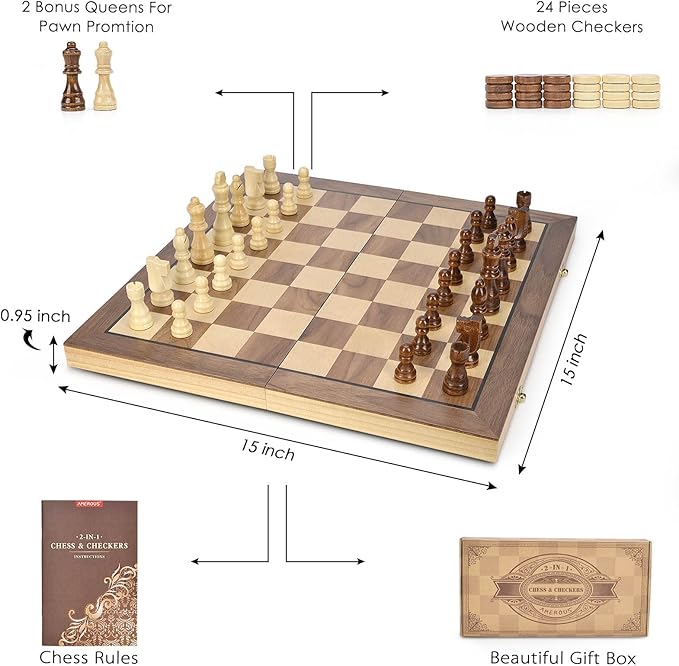 AMEROUS 15'' Magnetic Wooden Chess & Checkers Game Set -2 Extra Queens -24 Cherkers Pieces - Chessmen Storage Slots, Beginner Chess Set for Kids and Adults, Classic 2 in 1 Board Games