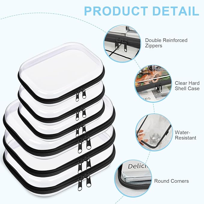 6 Pcs Clear Hard Zipper Case Hard-Sided Premium Storage Case Plastic Clear Hard Shell Zipper Pouch Portable Travel Organizer Box for Travel Building Blocks Puzzles Cosmetics Makeup Supplies (Black)