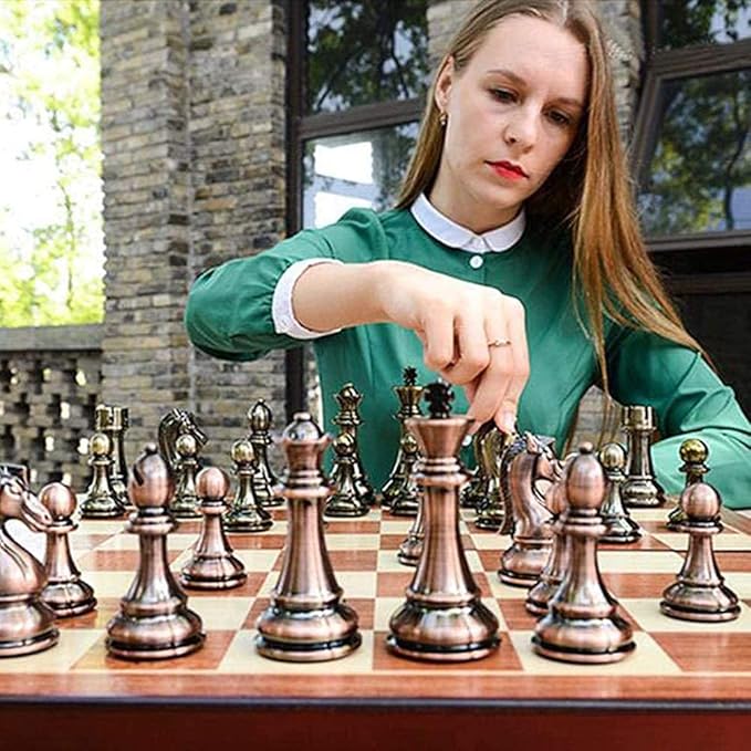 Large Metal Deluxe Chess Retro Copper Plated Alloy Chess Adult Set Board Game Portable Wooden Box Storage Folding, 2 Players Chess Set