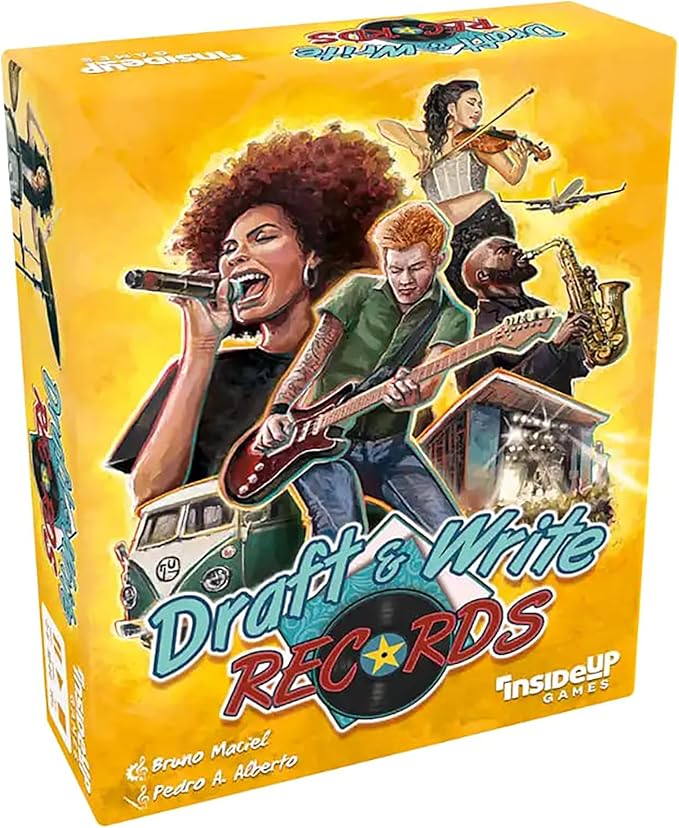 Draft & Write Records - Music Board Game, Card Drafting, Draft Your Band, Tour The World, Top The Charts, Age 10+, 1-6 Players