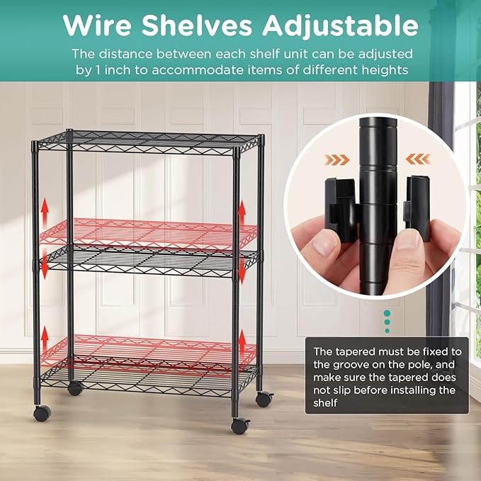 FDW 3-Shelf Adjustable,Storage Shelves Wire Shelving Shelving Unit Metal Shelves Storage Shelf with Wheels,13" D x 23" W x 31" H,Black