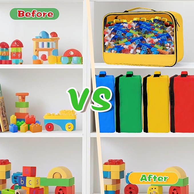 4 PCS Toy Storage Bags, Clear Toy Organizer Bags, Toy Bag with Visible Top& Handle, Portable Travel Case for Building Blocks, Toys, Puzzles, Dolls,Crafts, Magnetic Tiles