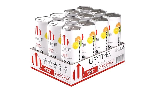 UPTIME Energy Drink, Original Citrus Sparkling, 12 Pack, Vitamin C, L Theanine, Calcium, Sugar Free Energy Drinks for Focus Support, 142mg of Natural Caffeine, 5 Calories, Clean, Natural, 12 fl oz Cans