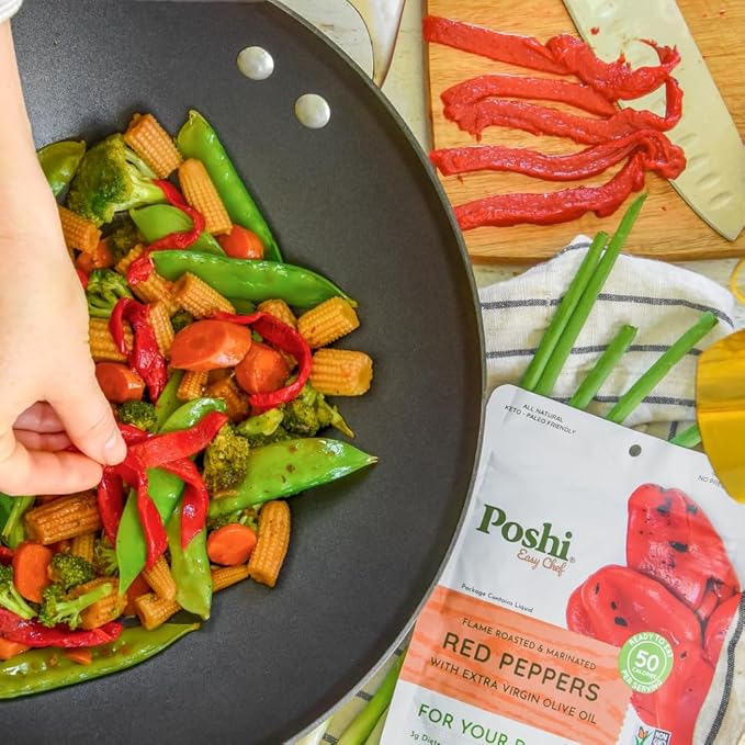 POSHI Flame Roasted Red Peppers in Extra Virgin Olive Oil Natural, Keto, Vegan, Non GMO, Low Carb + Calorie, Gluten Free, Ready to Eat, Fully Cooked Vegetables, Pentry Food, Gourmet, 6 Pack, 5.4 oz
