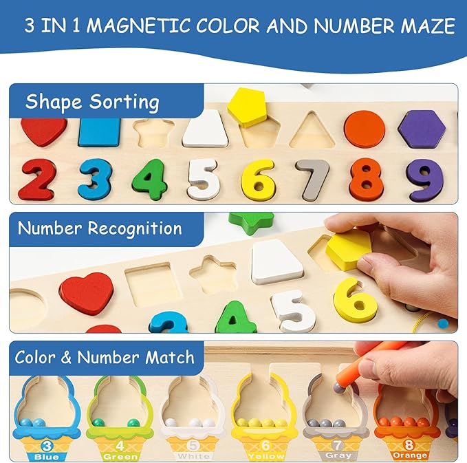 3-in-1 Magnetic Color and Number Maze, Montessori Toy for Kids 3+ Year Old, Shape & Number Wooden Puzzle Board, Toddler Fine Motor Skills Preschool Educational Toys, Gifts for Boys Girls
