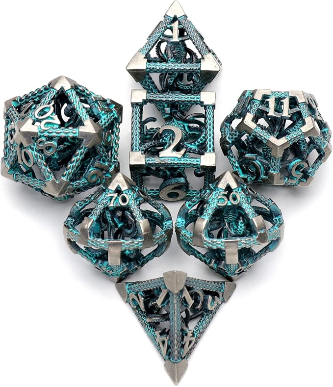 D&D Dice, Metal Polyhedral Dice Set Role Playing DND Dice for Dungeons and Dragons HNCCESG Hollow Cthulhu Dice for Table Game RPG MTG (Blue)