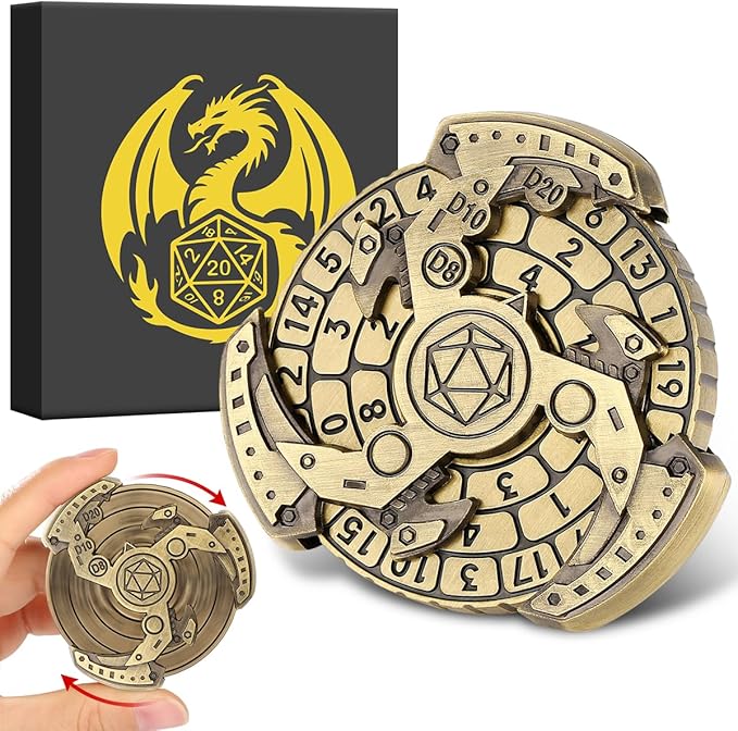 Spinner DND Dice Set, 7-in-1 Fingertip Gyro Metallic D&D Dice, DND Starter Set, Roulette Dice Spinner for DND Dice Set, D&D Gifts with Gift Box, Role Playing Game Board Game Accessories, Bronze