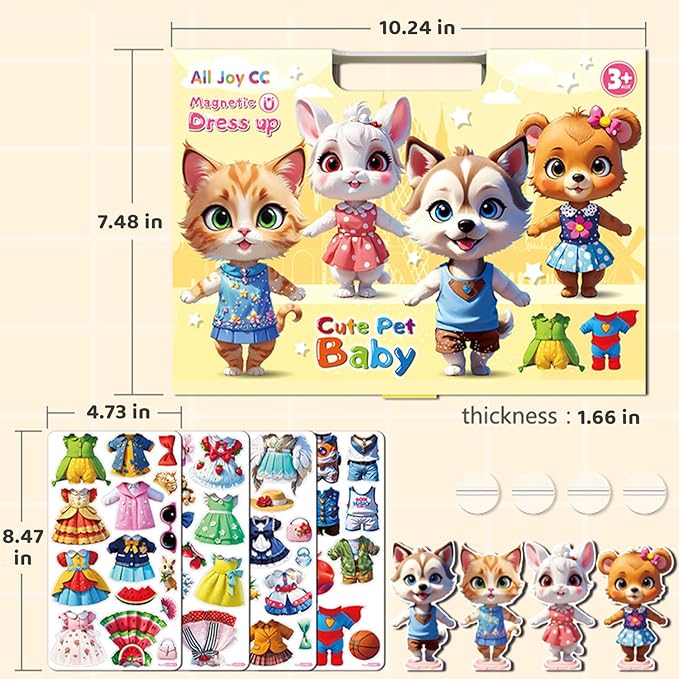 Yuzee Magnetic Dress Up Games Cute Pets Set with Storage Box, 55 Pieces of Clothing Magnets and 4 Cute Animal Figures Accessories, Magnetic Travel Toys Reusable, Foster Creativity and Imagination (A)