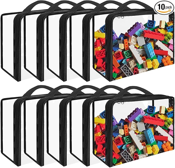 10 Pack Extra Large Clear PVC Organizing Bags with Zippered Closure, Portable Toy Storage Organizer, Waterproof for Board Games, Building Blocks, Clay
