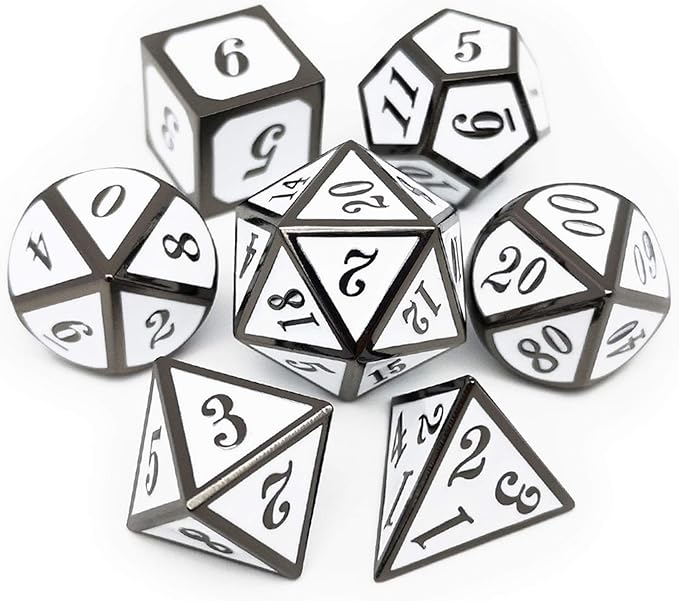 Haxtec 7 Die DND Metal Dice Set D&D 7PCS DND Dice of D20 D12 D10 D8 D6 D4 for Dungeons and Dragons RPG Games-Glossy Enamel Dice (Black White)