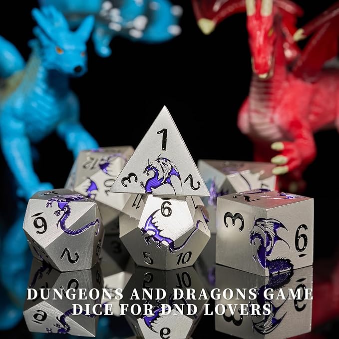 Purple Dragon Metal Dice HNCCESG 7 Piece Heavy Metallic D&D Dice Set with Dungeons and Dragon Gift Dice Box for TTRPG Tabletop Game (Matte Silver Purple)