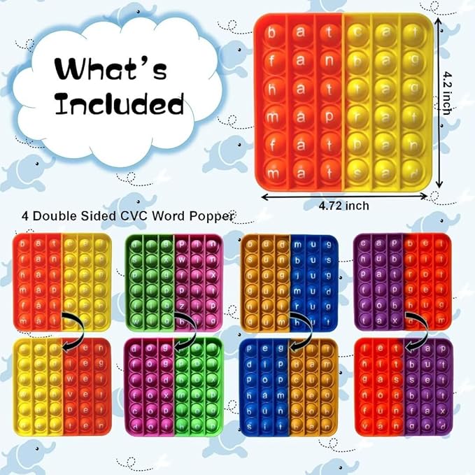 Word Poppers CVC Word Games, Sight Words Fidgety Board Phonics Reading Spelling, Kindergarten Learning Activity, Montessori Sensory Educational Toy for Kids, Preschool Classroom Must Haves