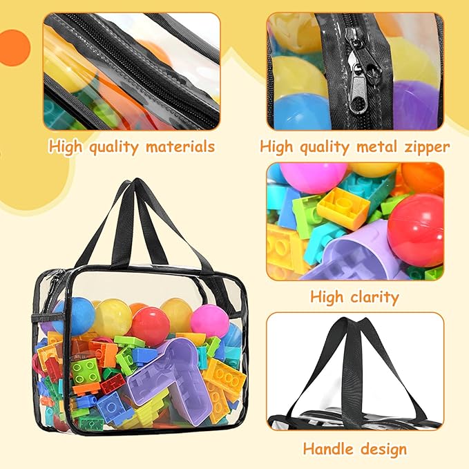 9 Pcs Toy Storage Bags, Clear PVC Toy Organizer Bag Include 6Pcs Large Handheld and 3Pcs Medium Zipper Bags with Labels for Organizing Board Game, Building Blocks (Black)