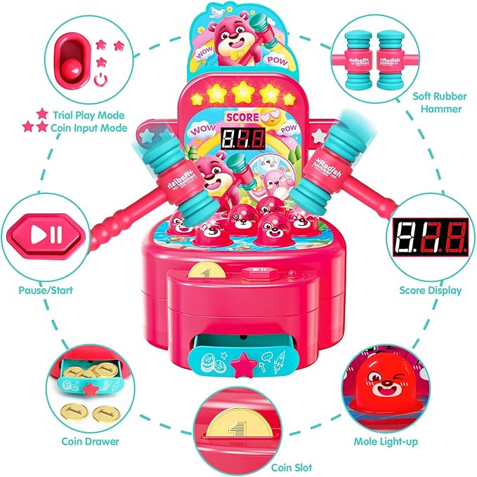 Yerloa Whack Game for Toddlers 2 3 4 5 Year Old Boy Girl Kids Easter Birthday Gift, Toys for Ages 2-4 4-6 Learning Interactive Educational Cause and Effect Toys with 2 Hammers, Music & Light