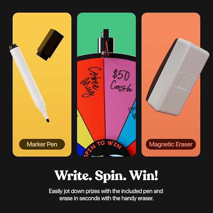 T-SIGN 24 Inch Dual Use Spinning Prize Wheel 14 Slots Color Tabletop and Floor Roulette Wheel of Fortune with Dry Erase Marker and Eraser Win The Fortune Spinner Game for Carnival Trade Show