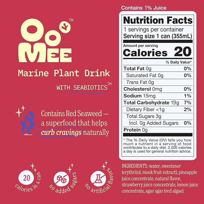 OoMee Prebiotic Drink | Strawberry & Hibiscus | Plant-Based Vegan Beverage with Marine-Sourced Agar Prebiotics (Seabiotics) for Digestive & Gut Health Functional Drink – 12oz Cans, 12-Pack