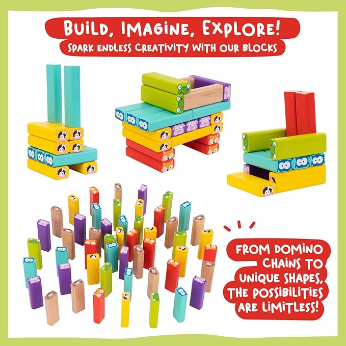 Nene Toys Wooden Tumble Tower Game with Animals & Colors, 4-in-1 Educational Family Board Game for Kids Ages 3-9, Creativity & Cognitive Skills Booster - Gift for Boys Girls 3+ Years