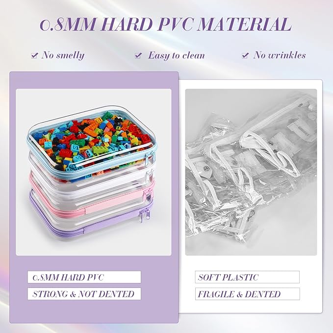Hoolerry 4 Pcs Hard Clear Zipper Case Transparent Cases for Snacks Makeup Bag Plastic Storage Box Containers for Building Blocks, Puzzles, Cosmetics (Multicolor,9.8 x 7.9 x 2 in)