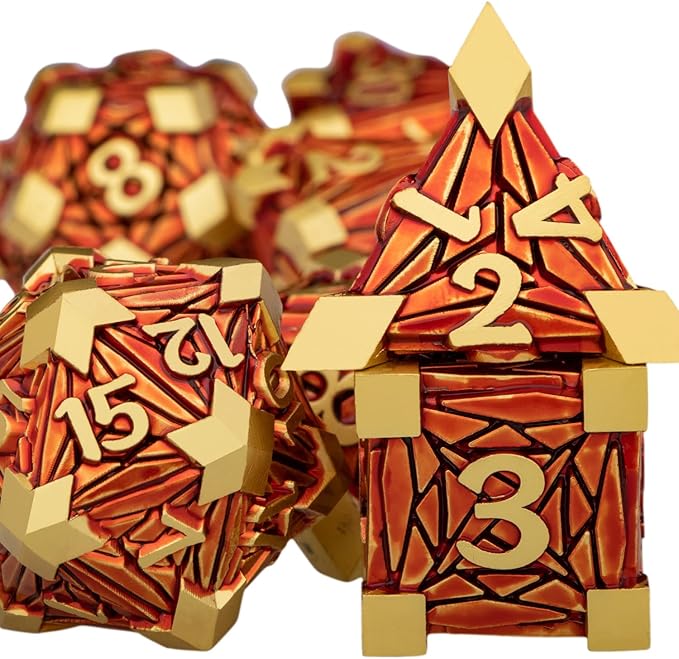 Metal DND Dice Set Golden Red Debris RPG D and D Dice for use with D&D Tabletop Games Role Playing Game Polyhedral Dice Set with Box D20 D12 D10 D8 D6 D4