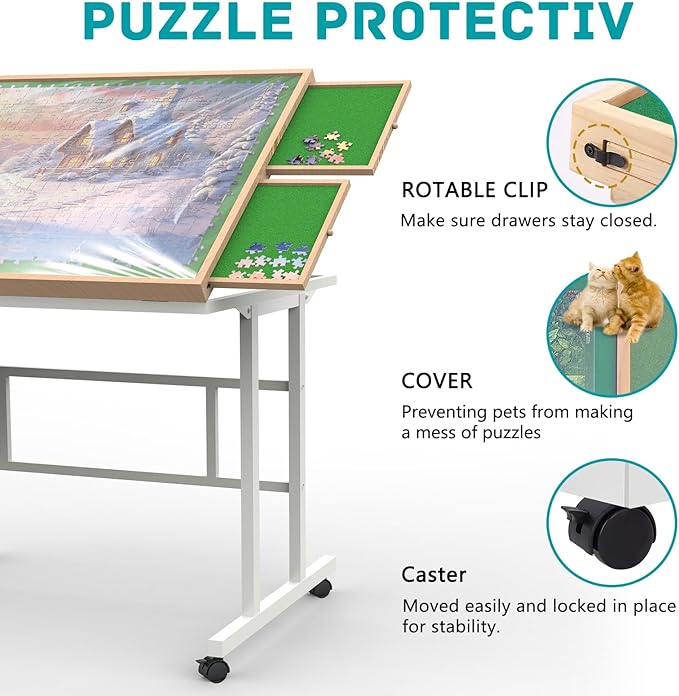 Jigsaw Puzzle Table 1500pcs,Puzzle Table with Legs and Storage Pocket,5 Adjustable Up Level Puzzle Tables for Adults with Drawers and Wheels,Wooden and Green Color