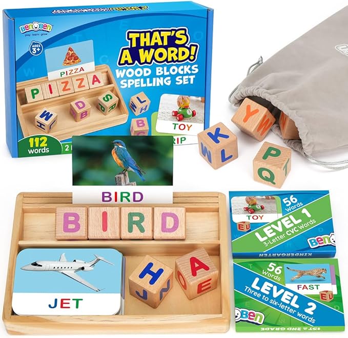 BenBen Spelling Games with Flash Cards, Montessori Toys for 3 4 5 6 Years Old Kids, Wooden Matching Letters Games, CVC Word Educational Learning Toys, Gift for Preschool Kindergarten