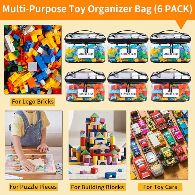 6 Packs Toy Storage Bags with Manual Pocket, Reusable Clear PVC Board Game Storage, Travel Waterproof Storage bag organizer with Zipper for Building Blocks, Board Game, Puzzle, Books