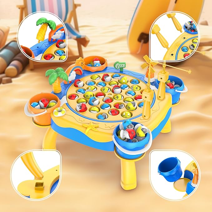 Awsoo Fishing Game Toys for 3 4 5 Year Old Boy, Toddler Toys Age 3-4, 45 Fishes and 4 Fishing Poles Rotating Board Game with Music, Birthday Gift for Toddler Boy Toys
