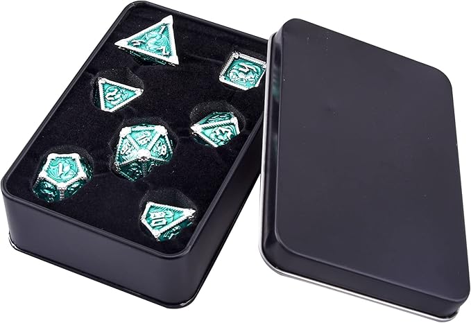AUSTOR 7-Die Metal DND Dice Set Dungeons and Dragons Polyhedral Roll Playing Dice with Box D20 D12 D10 D% D8 D6 D4 for Pathfinder MTG RPG Board Games