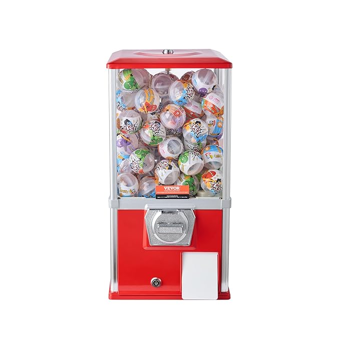 VEVOR Gumball Machine, 21" Height Home Vending Machine, PS Bouncy Balls Dispenser, Hold 180 Capsule Toys, Rectangle Bubble Gum Machine for Game Stores, Coin Operated Gumball Bank, Red