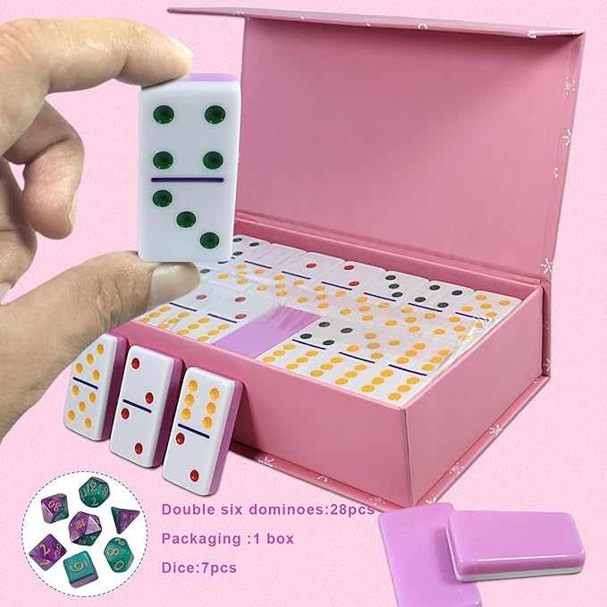 Dominoes Set for Adults, Double 6 Dominos Game Set with 28 Domino Tiles Double with Upscale Gift Boxes -7 Polyhedral Dice -Classic Board Games (Pink)