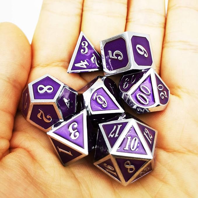 Haxtec Metal DND Dice Purple Silver with PU Leather Dice Bag D&D Dice Set for RPG Dungeons and Dragons Gifts TTRPGs-Silver Royal Purple