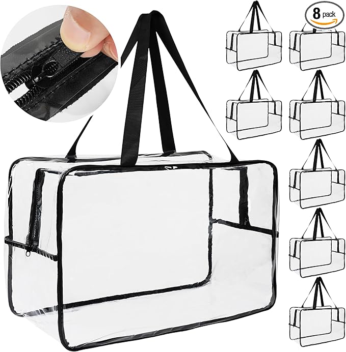 Clear Toy Organizer Bag (8-Pack) 21", Clear Comforter Storage Bags, Large Plastic Storage Organizer for Puzzle, Board Games, Building Blocks, Clothes, Makeup & Toiletry with Zipper/Handle
