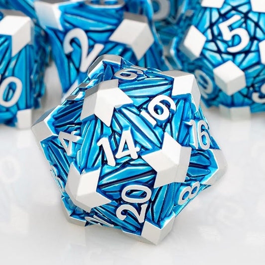 7PCS Metal DND Dice Set with Box, Debris RPG Blue D and D Dice for use with D&D Tabletop Games Role Playing Game Polyhedral Dice Set D20 D12 D10 D8 D6 D4